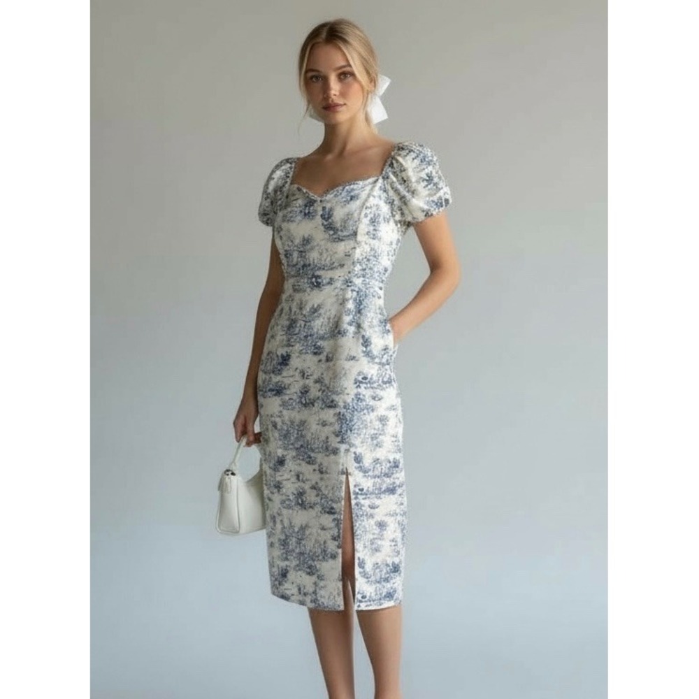 NEW Cider Blue Toile Midi‎ Dress Ruffle Cap Sleeve XS Cottagecore